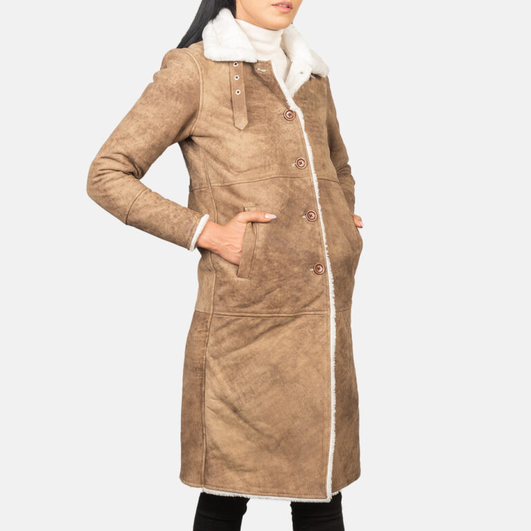 Womens Alina Shearling Brown Leather Coat Open Front-4-1652251971590